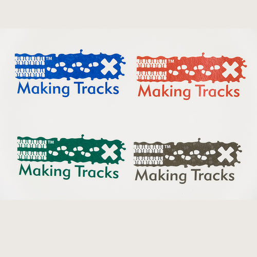 4 Making Tracks temporary tattoos in blue, red, green and grey