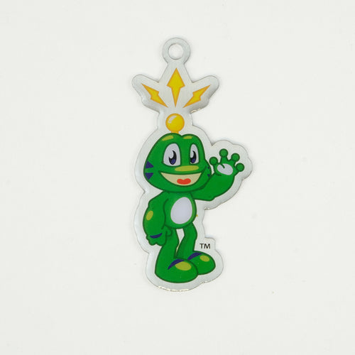 Front of Signal the Frog shaped travel tag