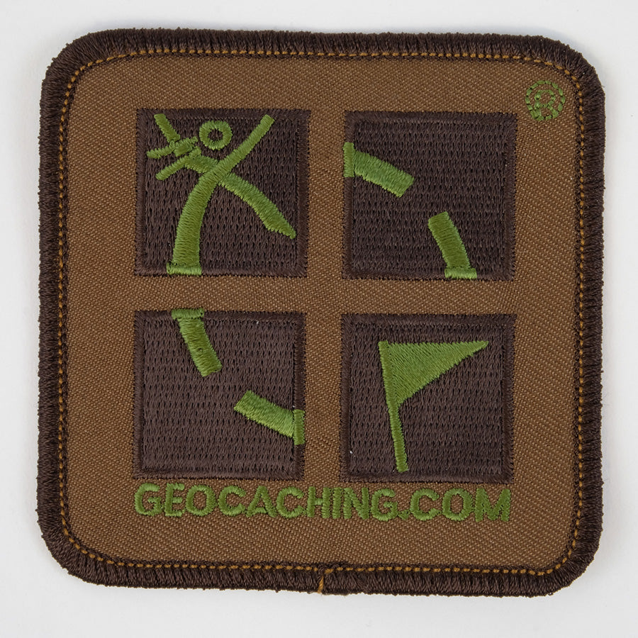 official geocaching logo with two brown colours and one green colour of embroidery.