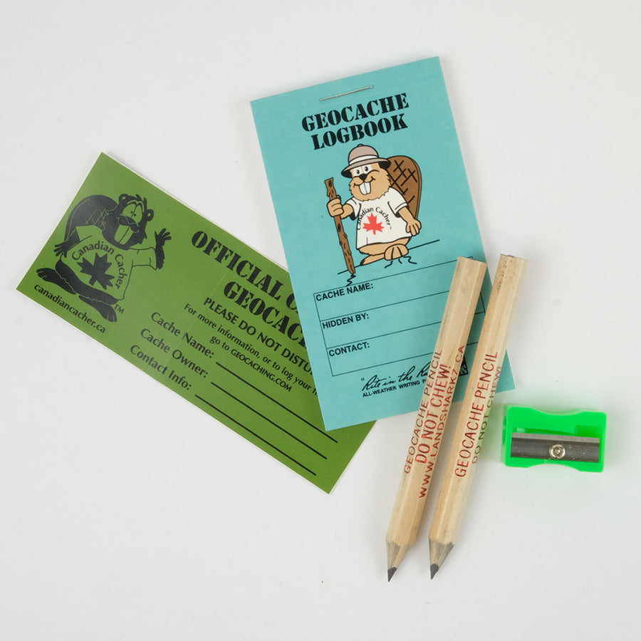 Official Geocache sticker, Geocache logbook, 2 pencils, a pencil sharpener 