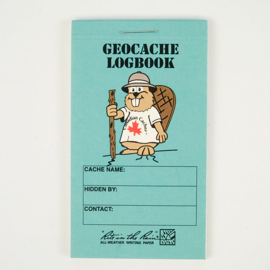 Turquoise Geocache logbook with a cartoon beaver in the front.