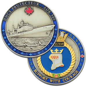 HMCS Protecteur - AOR 509 challenge coin. One side is an image of the ship in 3D antique silver with whales swimming beside it. There is a blue border and a red maple leaf. The other side has the ship's crest in polished gold and the ship's motto  'Support with Courage'.