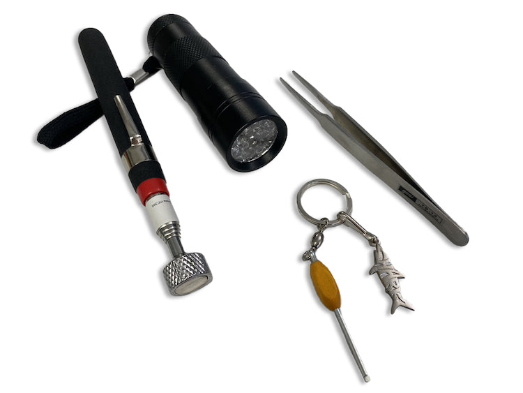 magnetic pick up tool, black 12 light UV flashlight, tweezers and micro log roller with bead and Landsharkz zipper pull.